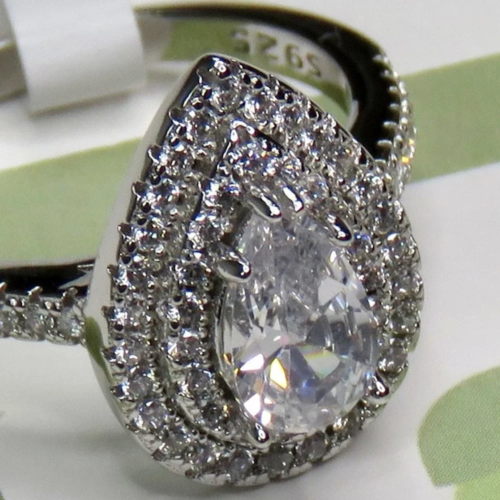 Macy's Silver Teardrop Diamond Cubic Zirconia Halo Ring S 925 Size 8